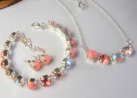 Pale Peach Multicolor Pearls Pendant, Silver Plated Chain Necklace, Birthday Gift,Tennis Cup chain