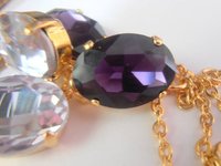 Purple Gold Oval Crystal Necklace, Chain Collet, Statement Bib 14K Gold plated, Estate Jewelry