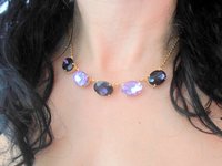 Purple Gold Oval Crystal Necklace, Chain Collet, Statement Bib 14K Gold plated, Estate Jewelry