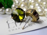 Olivine Green Rivoli Stud Earrings, Pierced Post, Antique Bronze Jewelry, Green Crystal 1122 12mm, Girlfriend Birthday Gift /