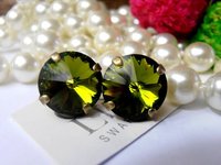 Olivine Green Rivoli Stud Earrings, Pierced Post, Antique Bronze Jewelry, Green Crystal 1122 12mm, Girlfriend Birthday Gift /