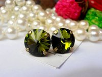 Olivine Green Rivoli Stud Earrings, Pierced Post, Antique Bronze Jewelry, Green Crystal 1122 12mm, Girlfriend Birthday Gift /