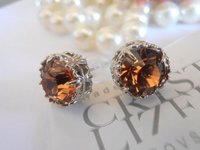Light Smoked Topaz Crystal Studs / Art Deco Jewelry / Brown Rhinestones / Round Platinum setting / Gift for her