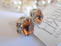 Light Smoked Topaz Crystal Studs / Art Deco Jewelry / Brown Rhinestones / Round Platinum setting / Gift for her