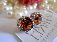 Light Smoked Topaz Crystal Studs / Art Deco Jewelry / Brown Rhinestones / Round Platinum setting / Gift for her