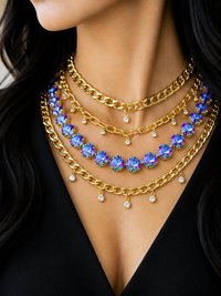 Gold layered chain necklace with iridescent crystal choker and small crystal pendants close up