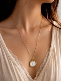 Small Stainless Steel gold watch pendant necklace with a polished plain back on a long gold chain, displayed as a minimalist everyday necklace for women.