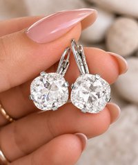 Classic vintage-inspired Swarovski crystal bridal earrings with sparkling 12mm clear cushion cut crystals and secure leverback hooks.