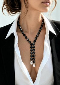 Swarovski Jet black 12mm Rivoli Y necklace with two clear pear-shaped drops in silver-plated setting