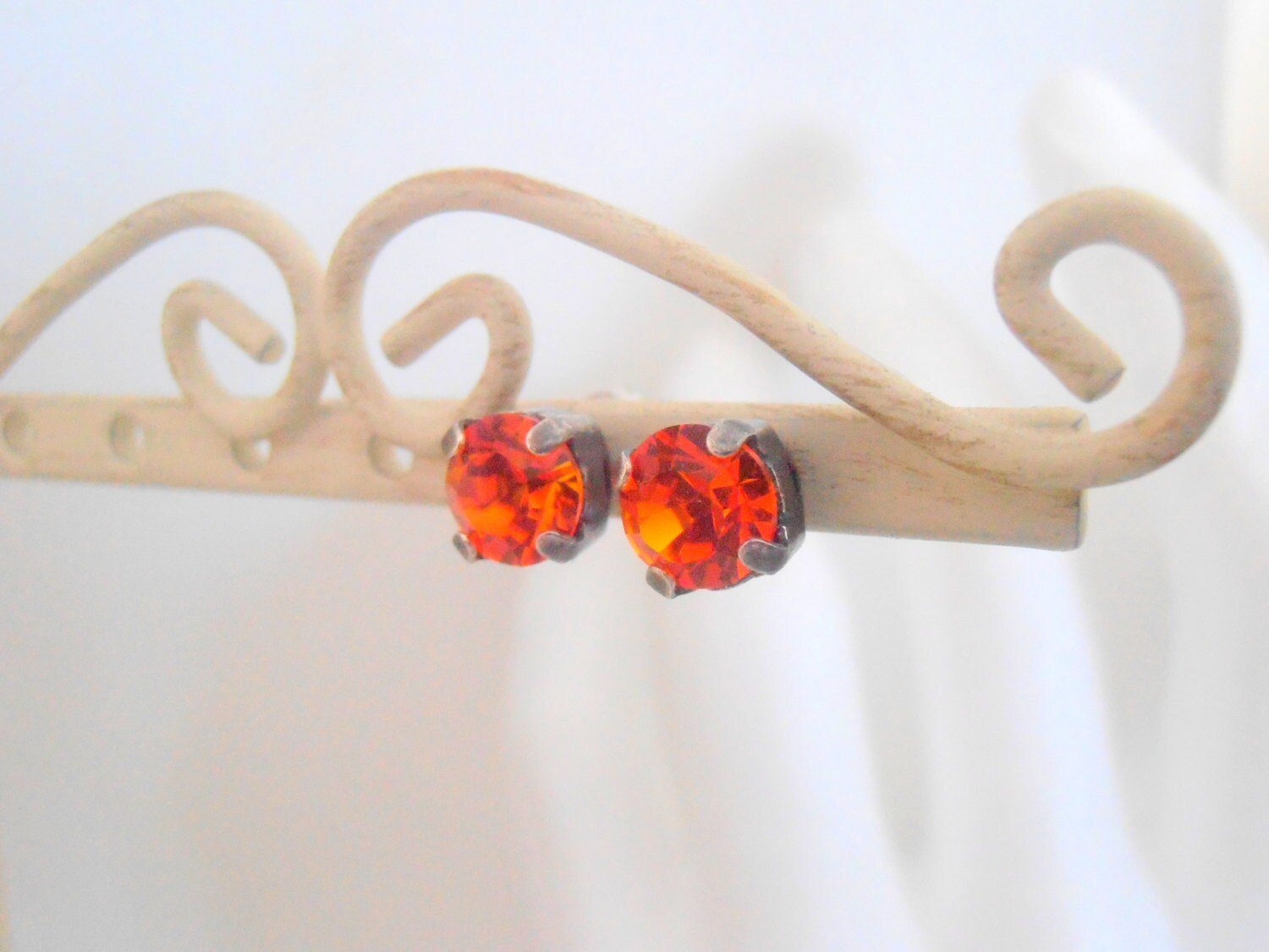 Fire Opal Stud earrings / Antique Jewelry / 6mm Crystal Chatons / Post Earring in Silver with Surgical Steel Pads / Girl Gift / 