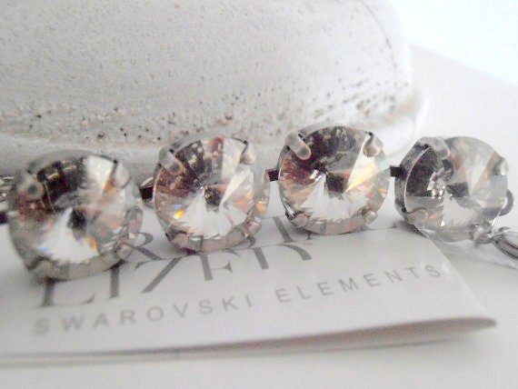 Silver Shade Wedding Bracelet with Rivoli Crystals 12mm, Bridal Tennis Cup chain, Antique Silver Jewelry, Birthday gift