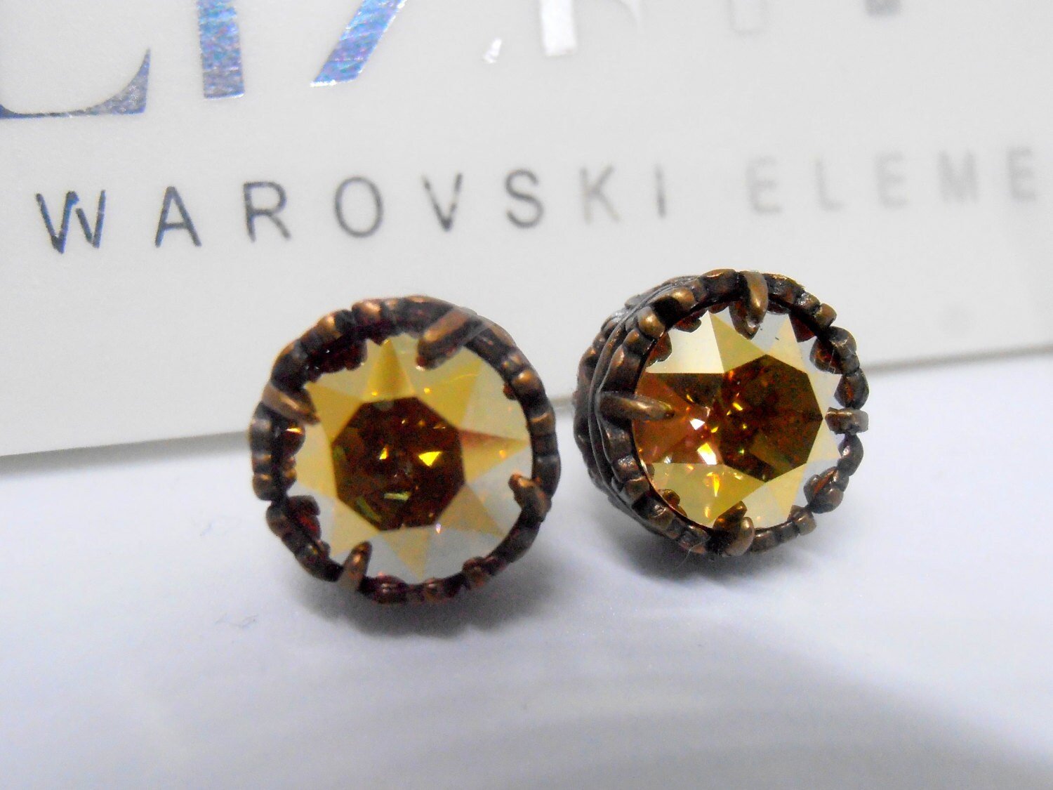 Metallic Gold Bronze Stud Earrings / Crystal Post Earrings / Art Deco Jewelry / Surgical Steel Pad / Bronze