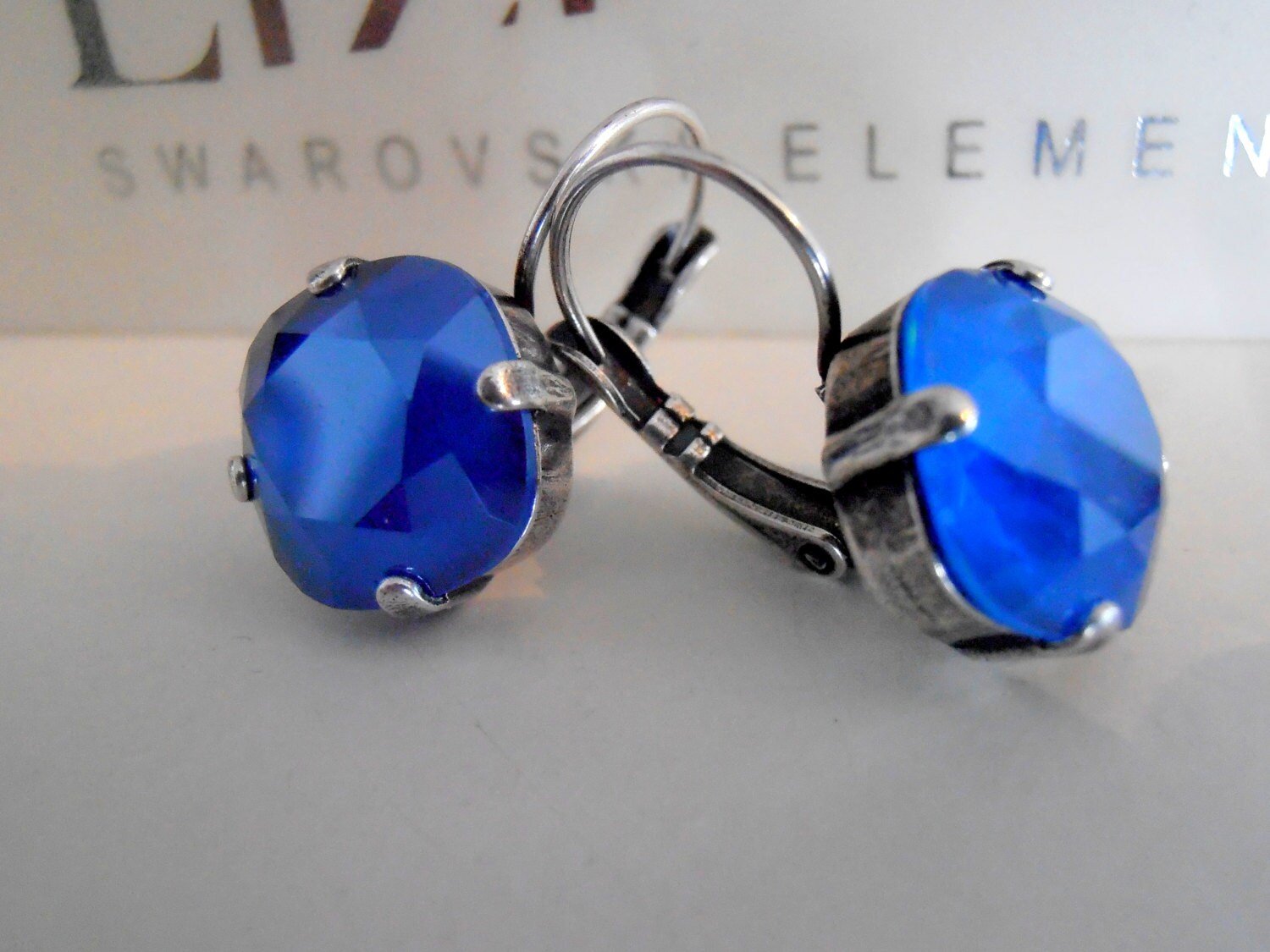 Royal Blue Cushion Cut Earrings with Crystals 4470 / 12mm Lever back Square Dangle & Drop / Mother's Day Gift