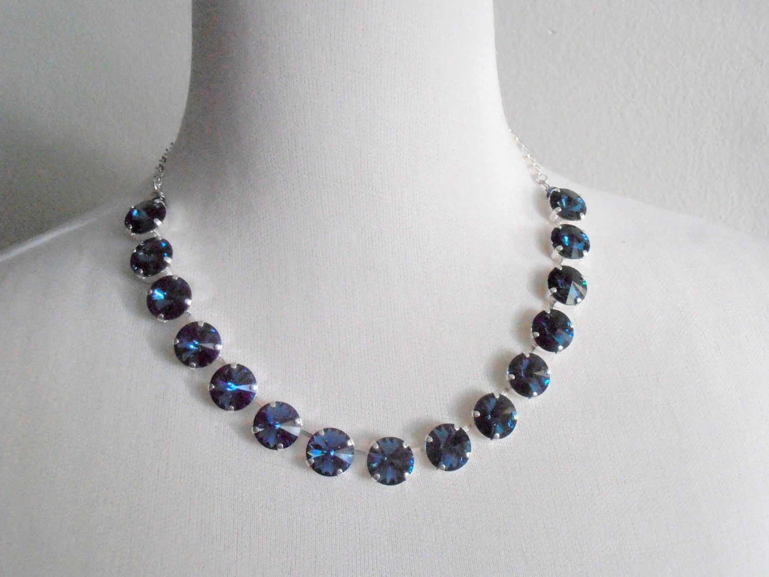 Blue Montana Rivoli Crystal Collet Necklace in Silver, Cup chain Choker, Long White Pearl Necklace, Wedding Day Bridal Jewelry