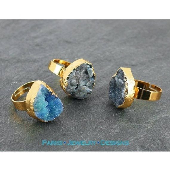 Turquoise Druzy Golden Ring, Agate Gemstone, Statement Boho Adjustable Ring, Mineral Gem 20mm, Gifts for Girls