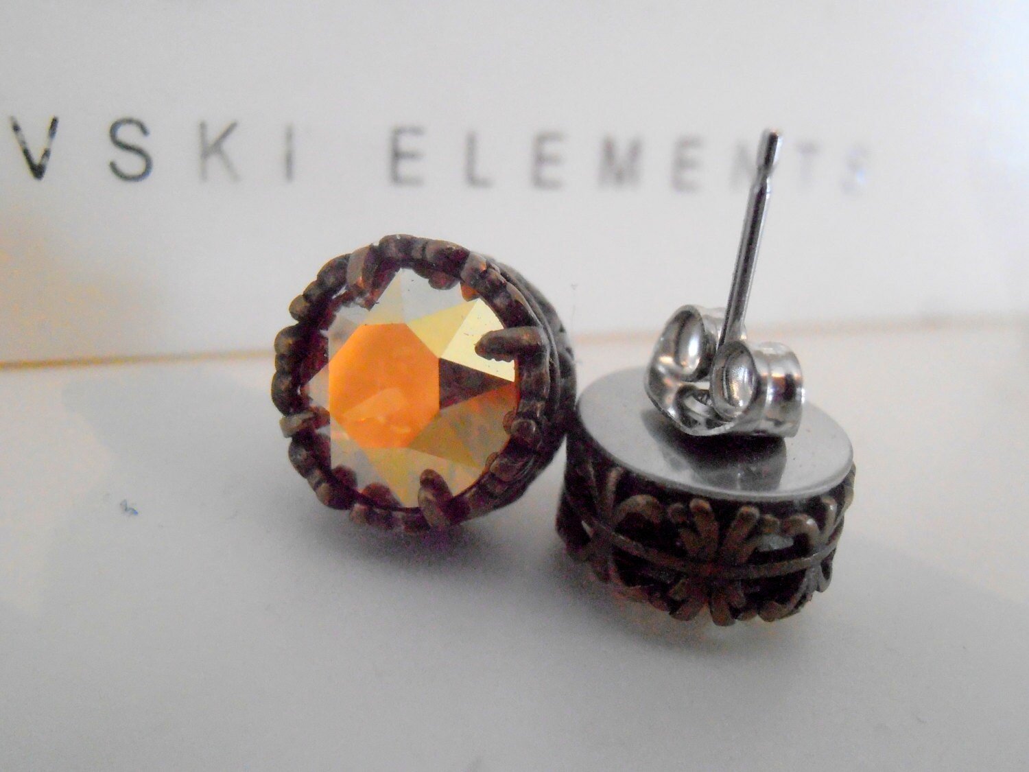 Metallic Gold Bronze Stud Earrings / Crystal Post Earrings / Art Deco Jewelry / Surgical Steel Pad / Bronze