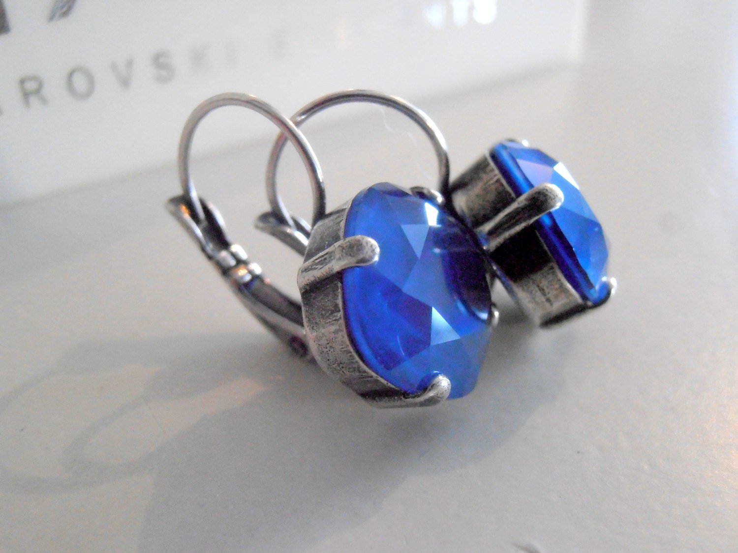 Royal Blue Cushion Cut Earrings with Crystals 4470 / 12mm Lever back Square Dangle & Drop / Mother's Day Gift