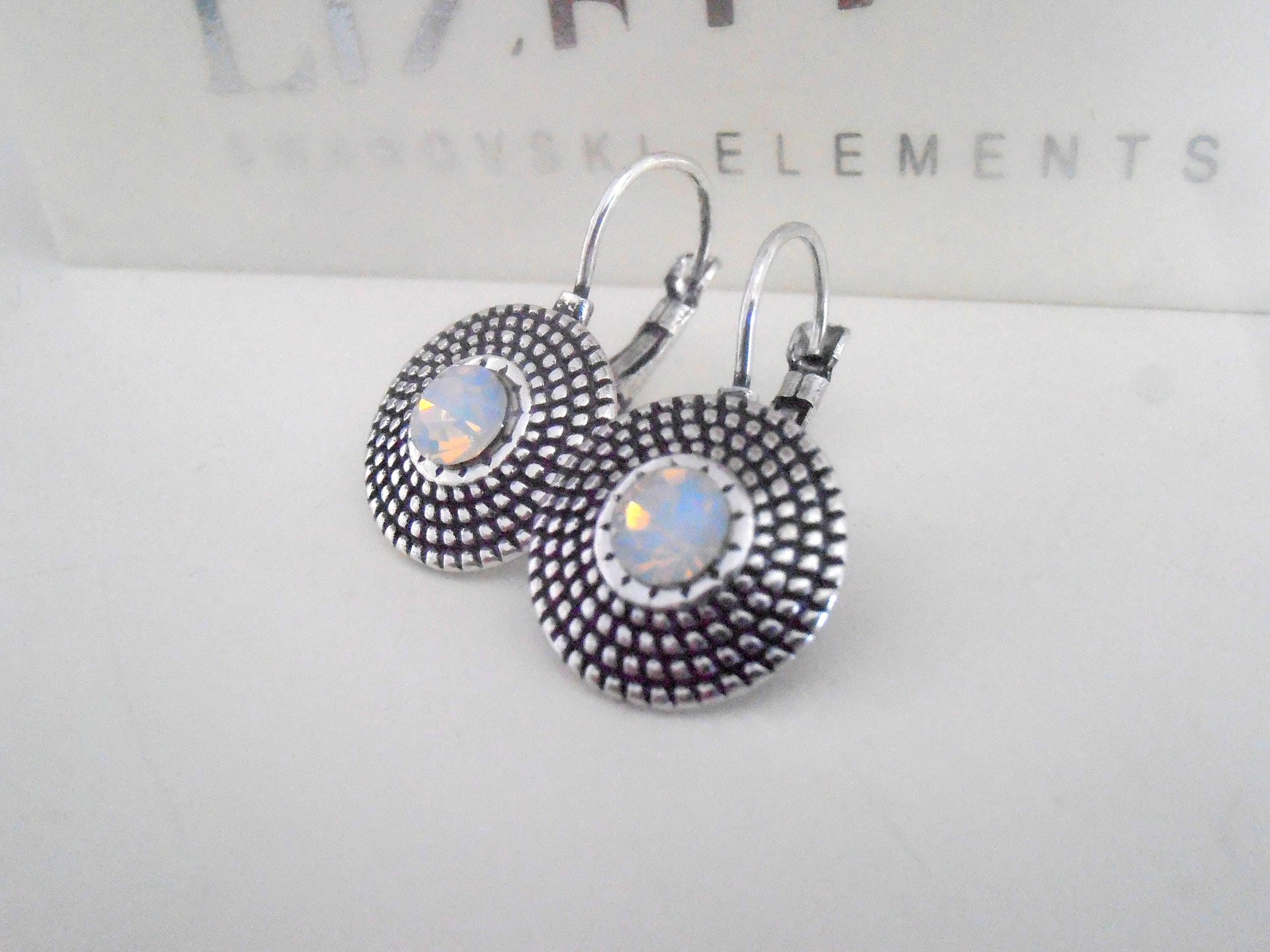 White Opal Dangle Disc Earrings in Antique Silver Statement Disc Earrings