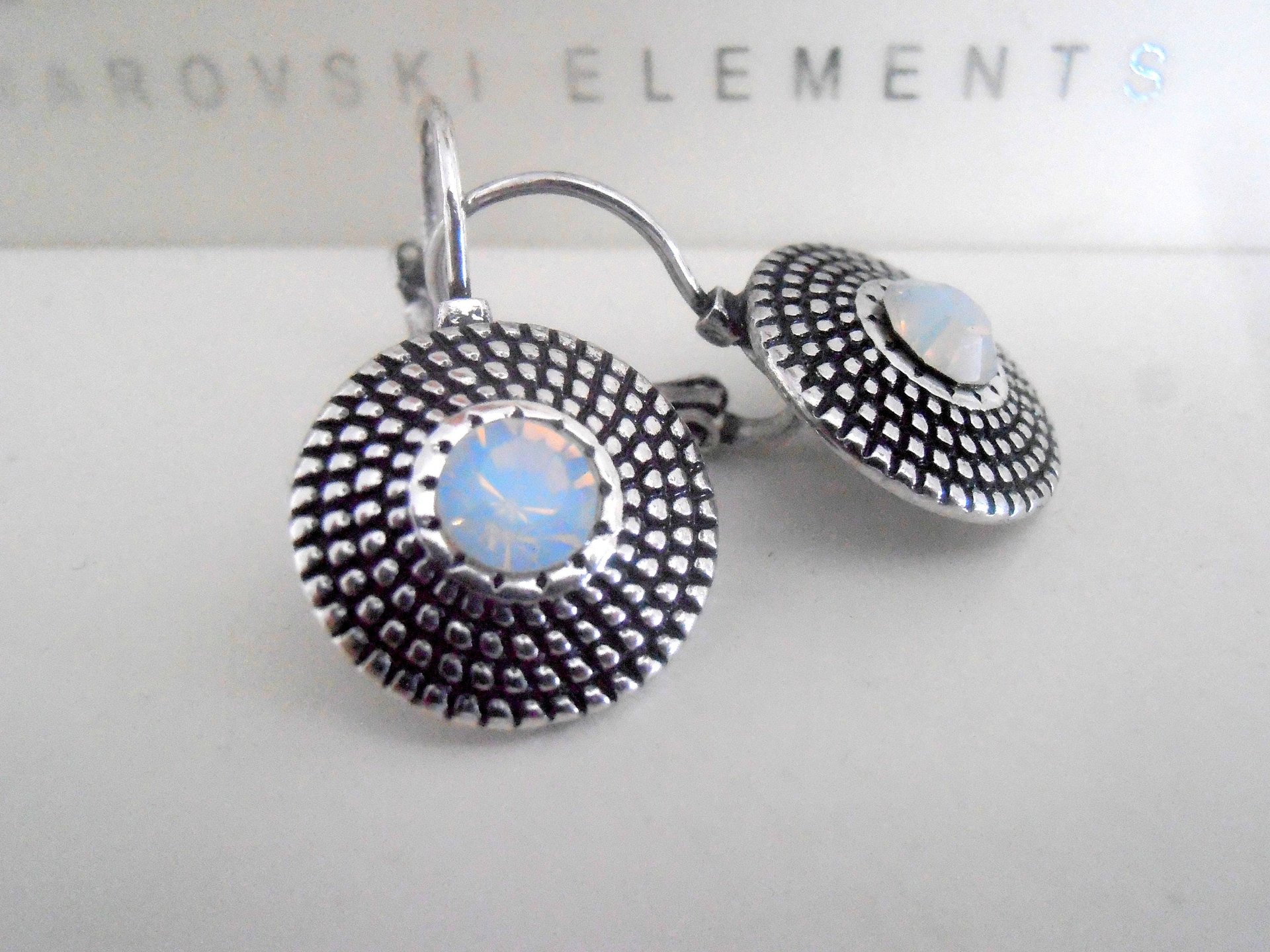 White Opal Dangle Disc Earrings in Antique Silver Statement Disc Earrings