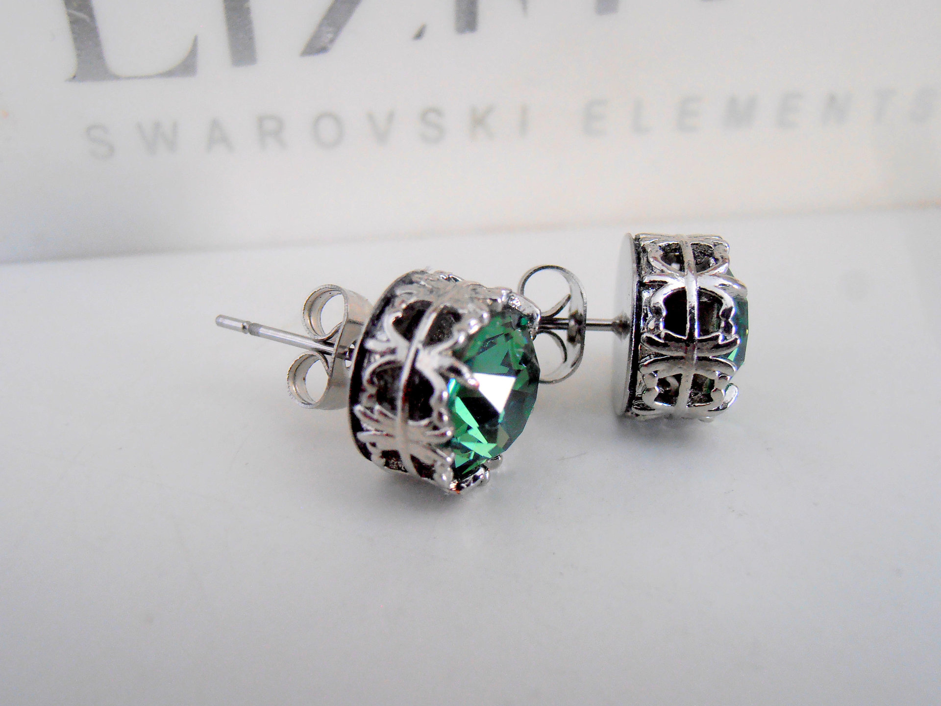Erinite Pine Green Stud Crystal Earrings, Art Deco Jewelry, Filigree Pierced Post Earrings, Girl Birthday Gift
