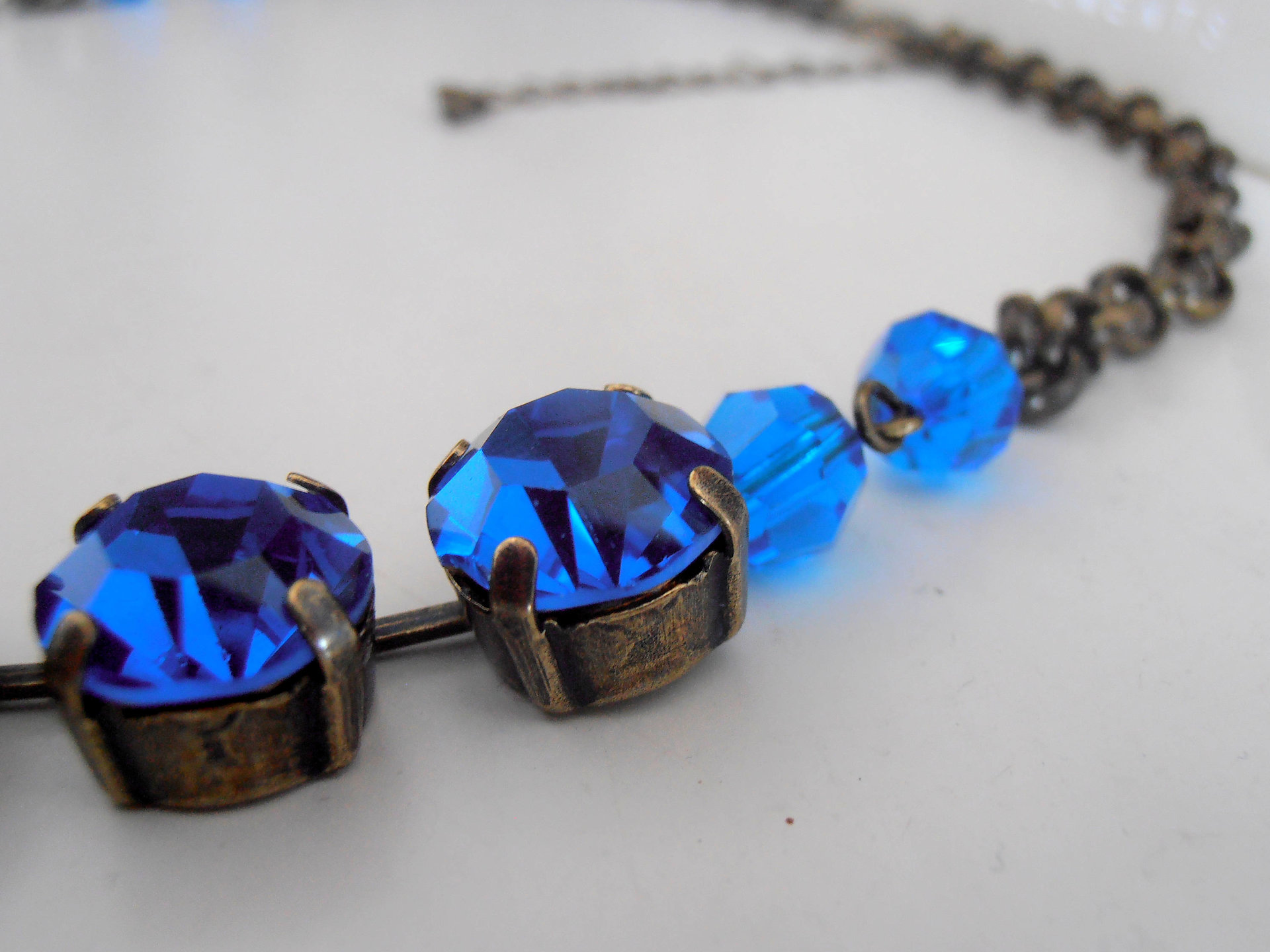 Blue Sapphire Rhinestone Necklace in Antique Bronze
