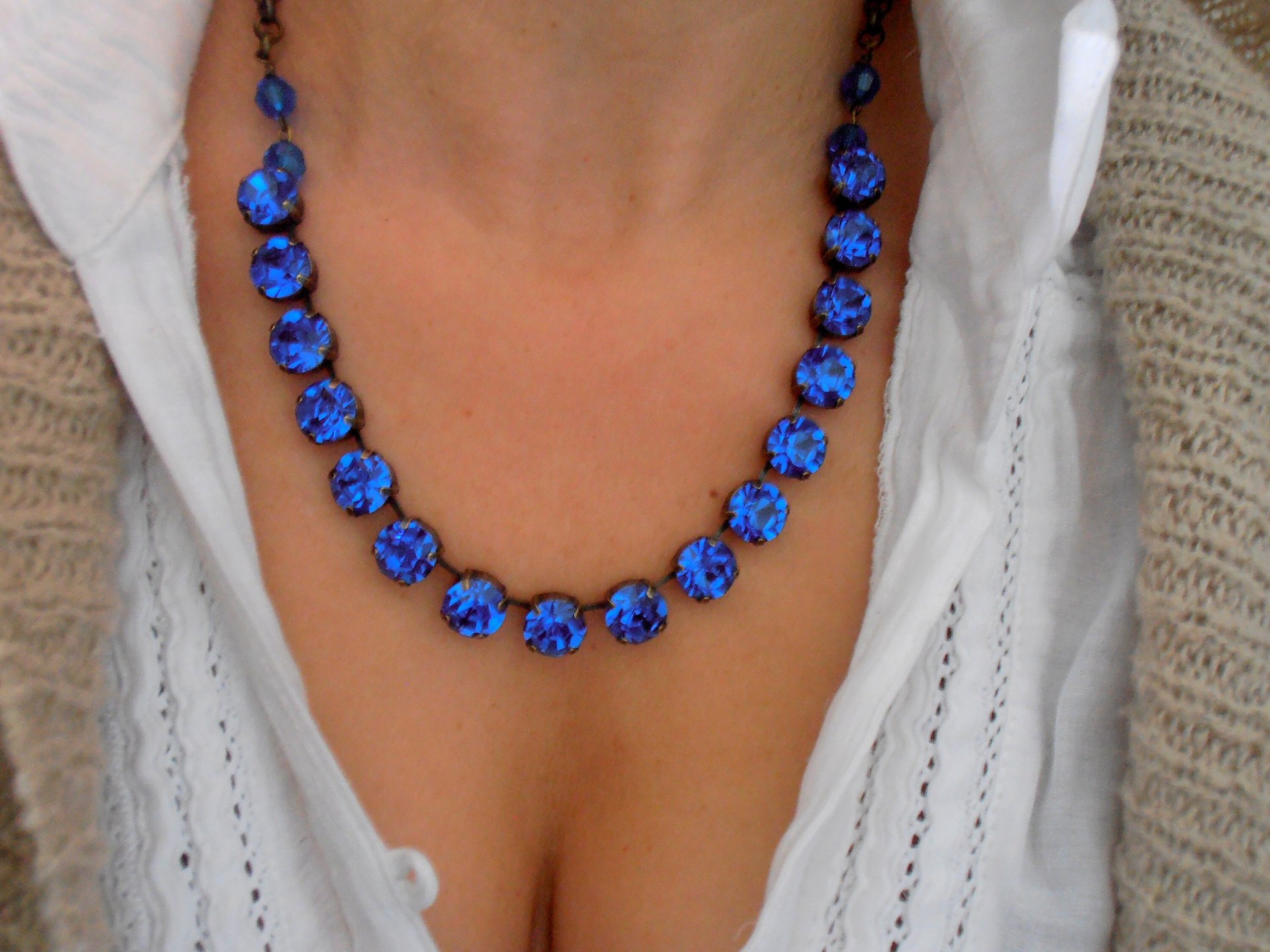 Blue Sapphire Rhinestone Necklace in Antique Bronze