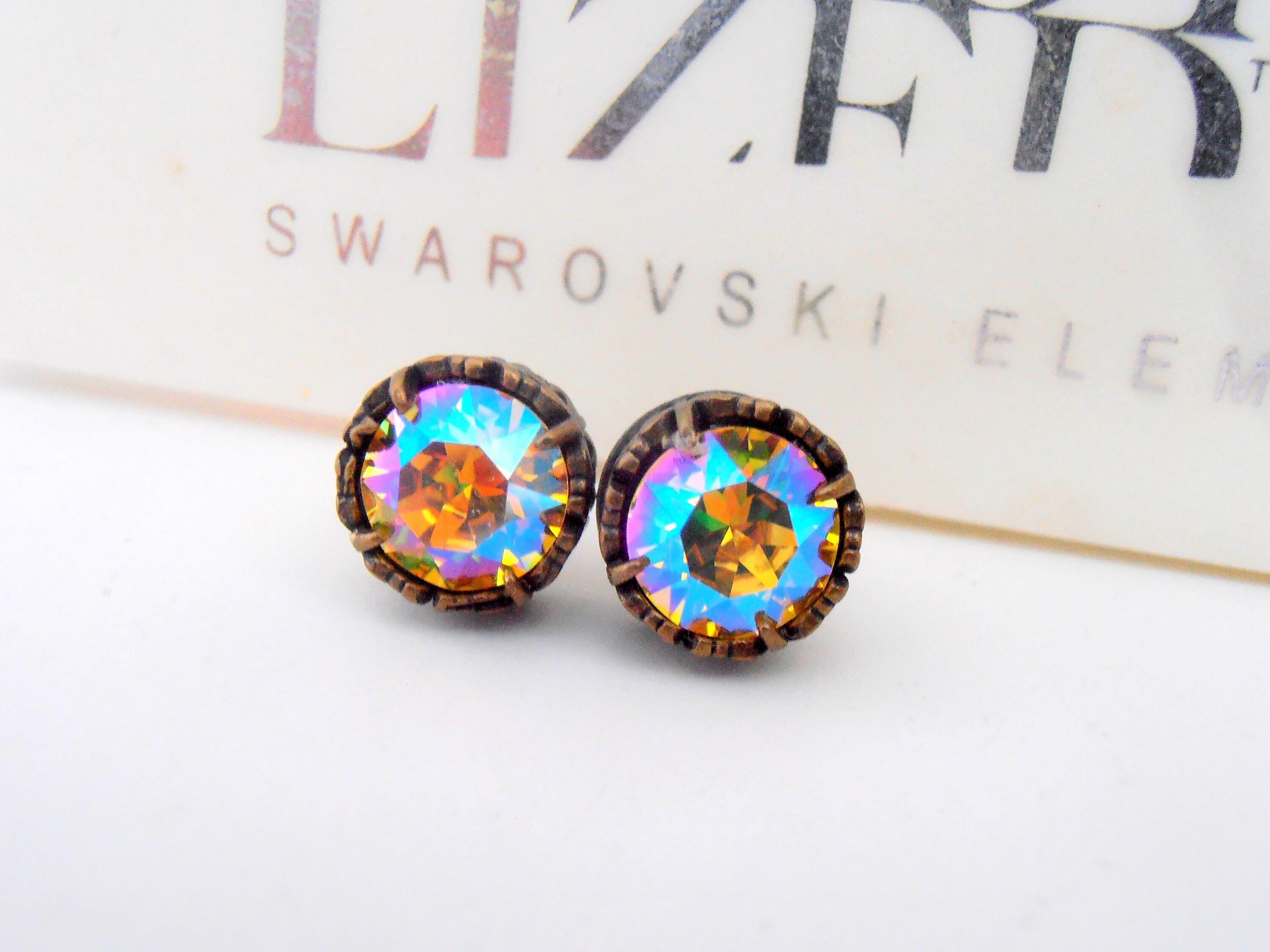 Light Topaz Shimmer Rhinestone Post Earrings / Antique Bronze Jewelry / Crystal Studs Pierced / Women Birthday Gift
