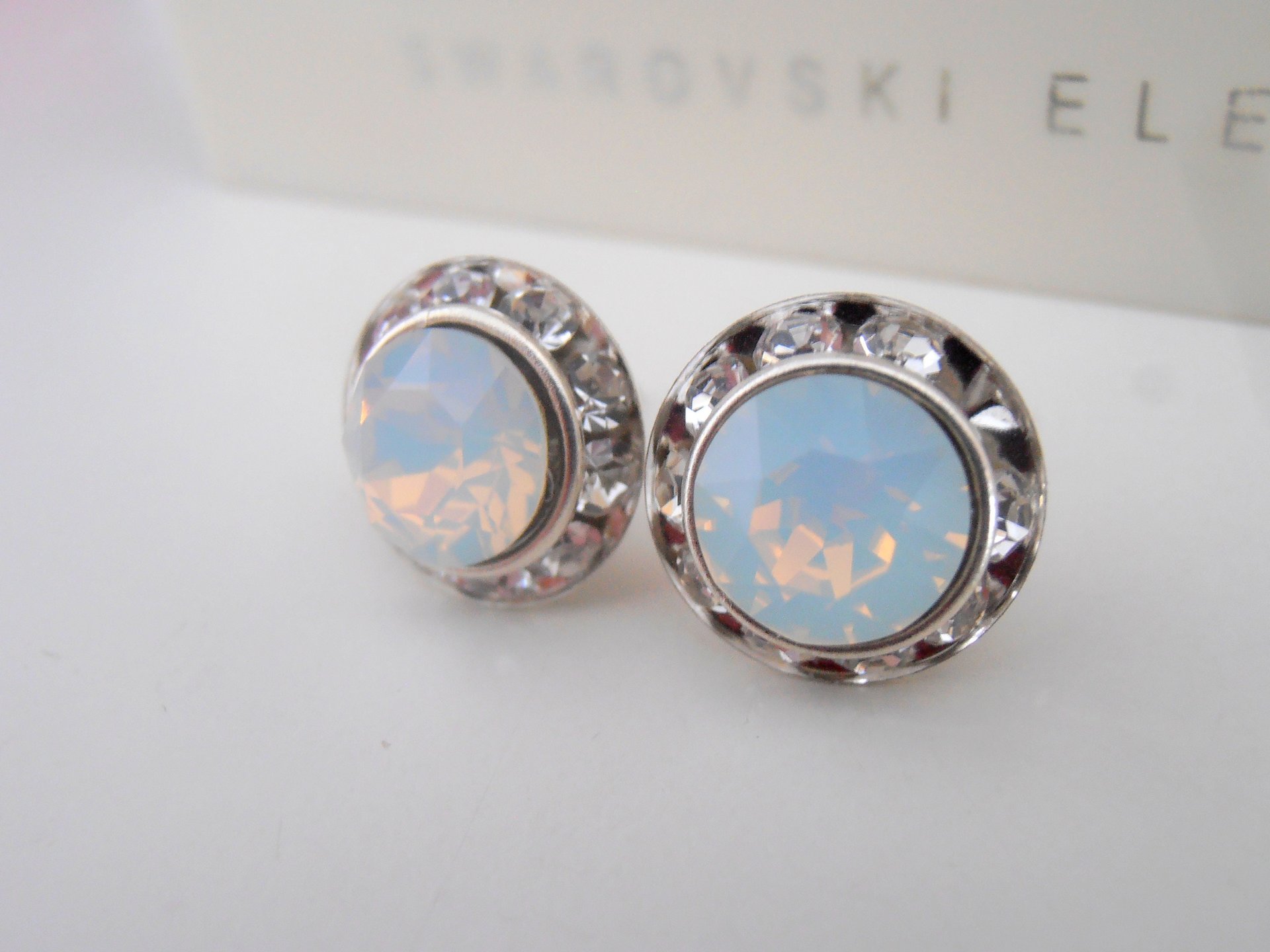 White Opal Crystal Halo Earrings | Rondelle Studs | Bridal Rhinestone Jewelry 