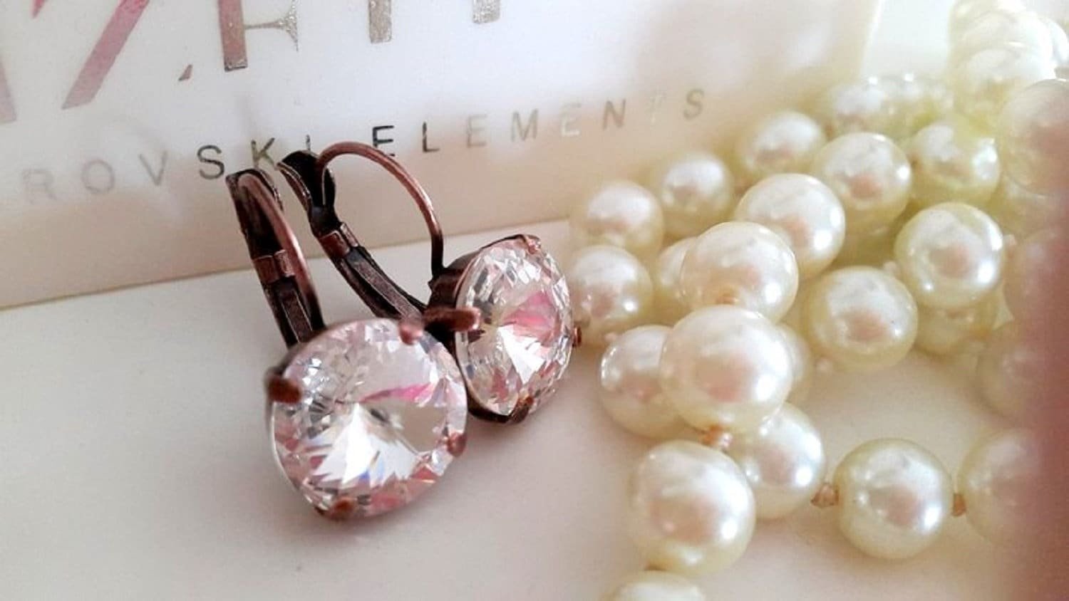 Crystal Clear Rivoli Lever back Earrings in Antique Copper