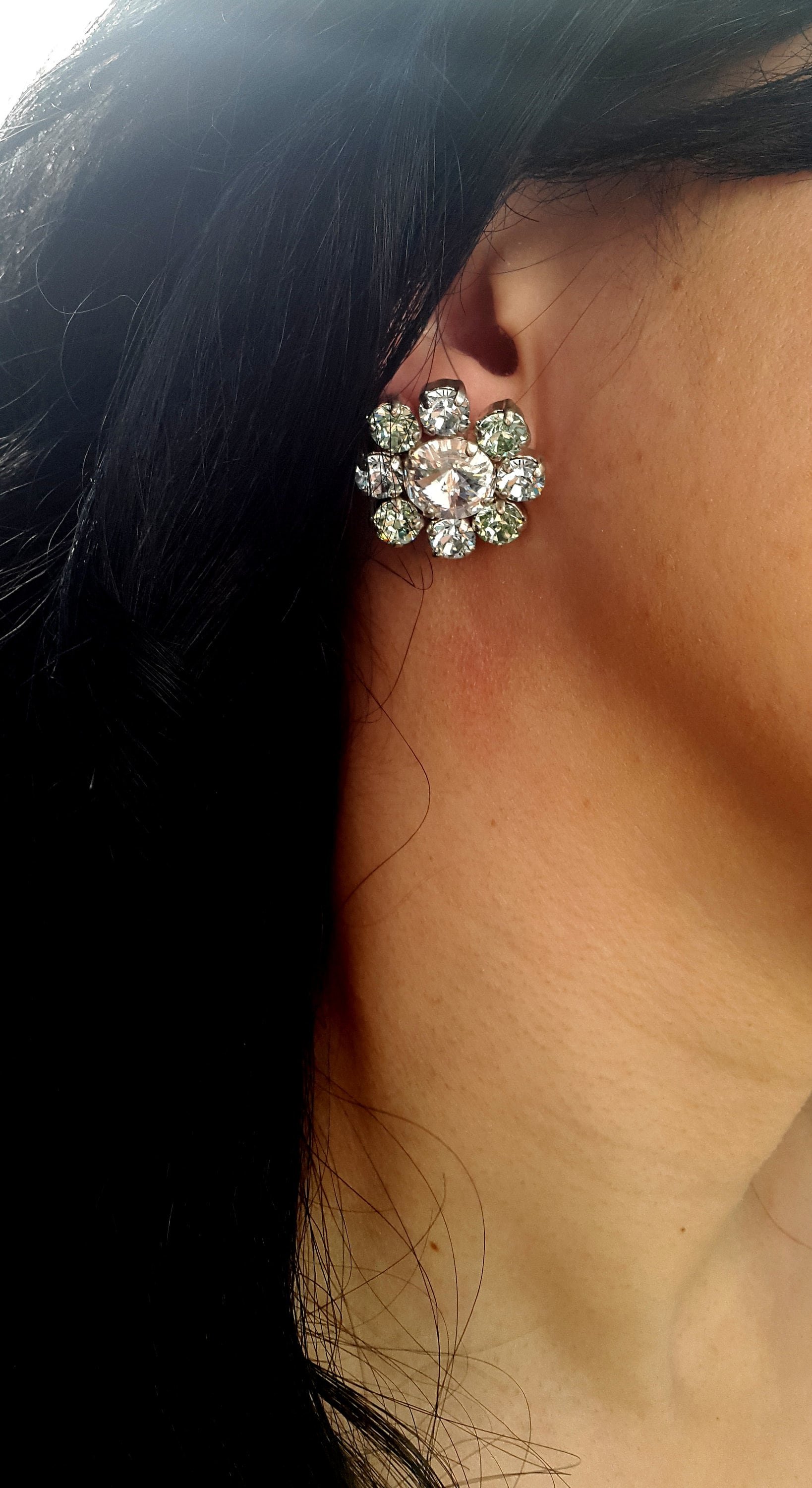 Pale Green Crystal.Stud Earrings | Statement Flower Earrings