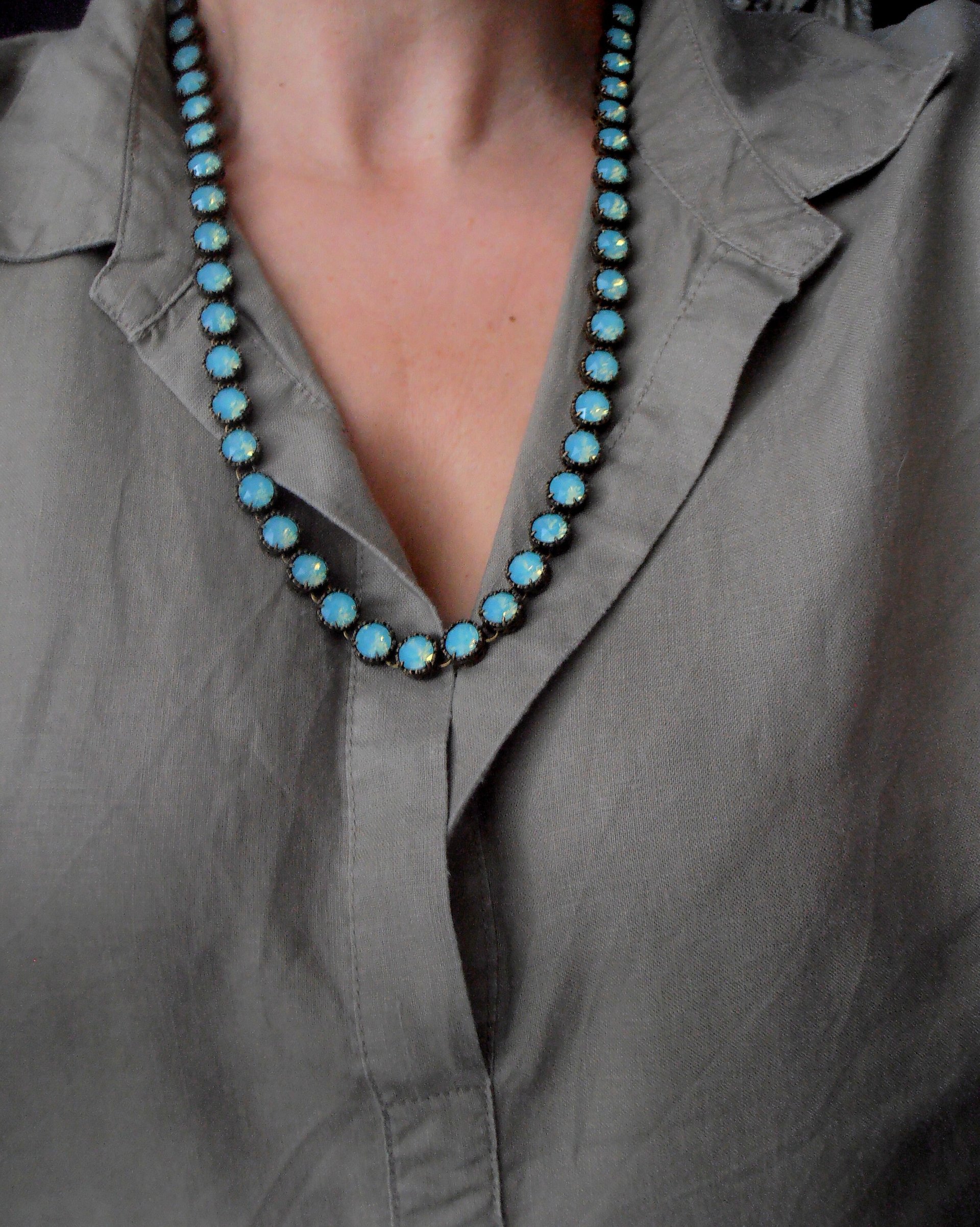 Pacific Opal Crystal Necklace, Blue Long Filigree Jewelry, Art Deco, Antique Bronze Women Gift
