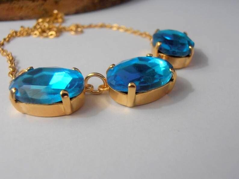 Aquamarine Blue collet necklace with Oval Crystals, Gold 13x18mm setting, Anna Wintour Statement Jewelry, Gift for her