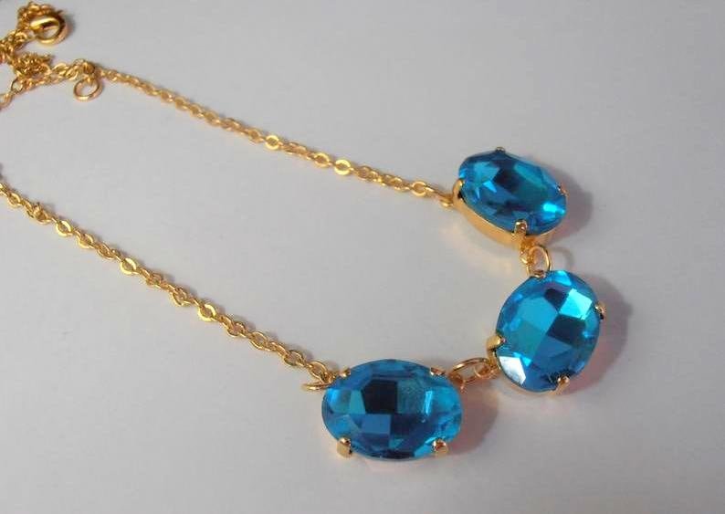 Aquamarine Blue collet necklace with Oval Crystals, Gold 13x18mm setting, Anna Wintour Statement Jewelry, Gift for her
