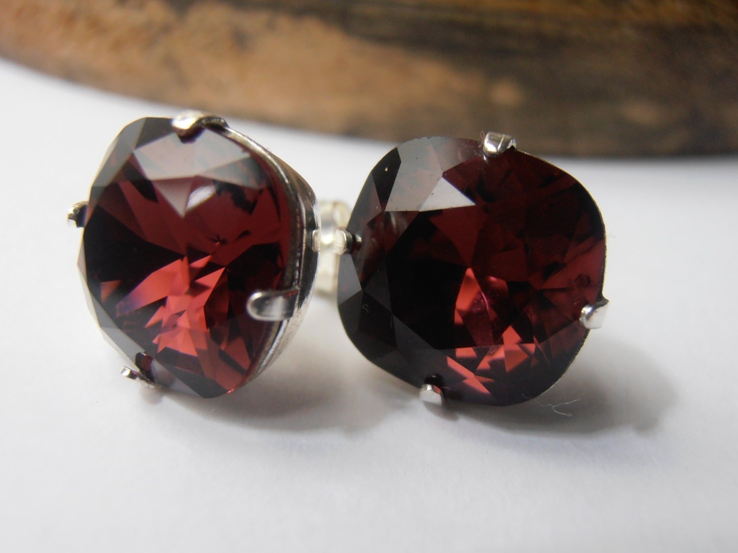 Burgundy Cushion Cut Stud Earrings 4470 / Wine Red Crystals / 12mm Pierced post Jewelry / Square Cut / Birthday Gift