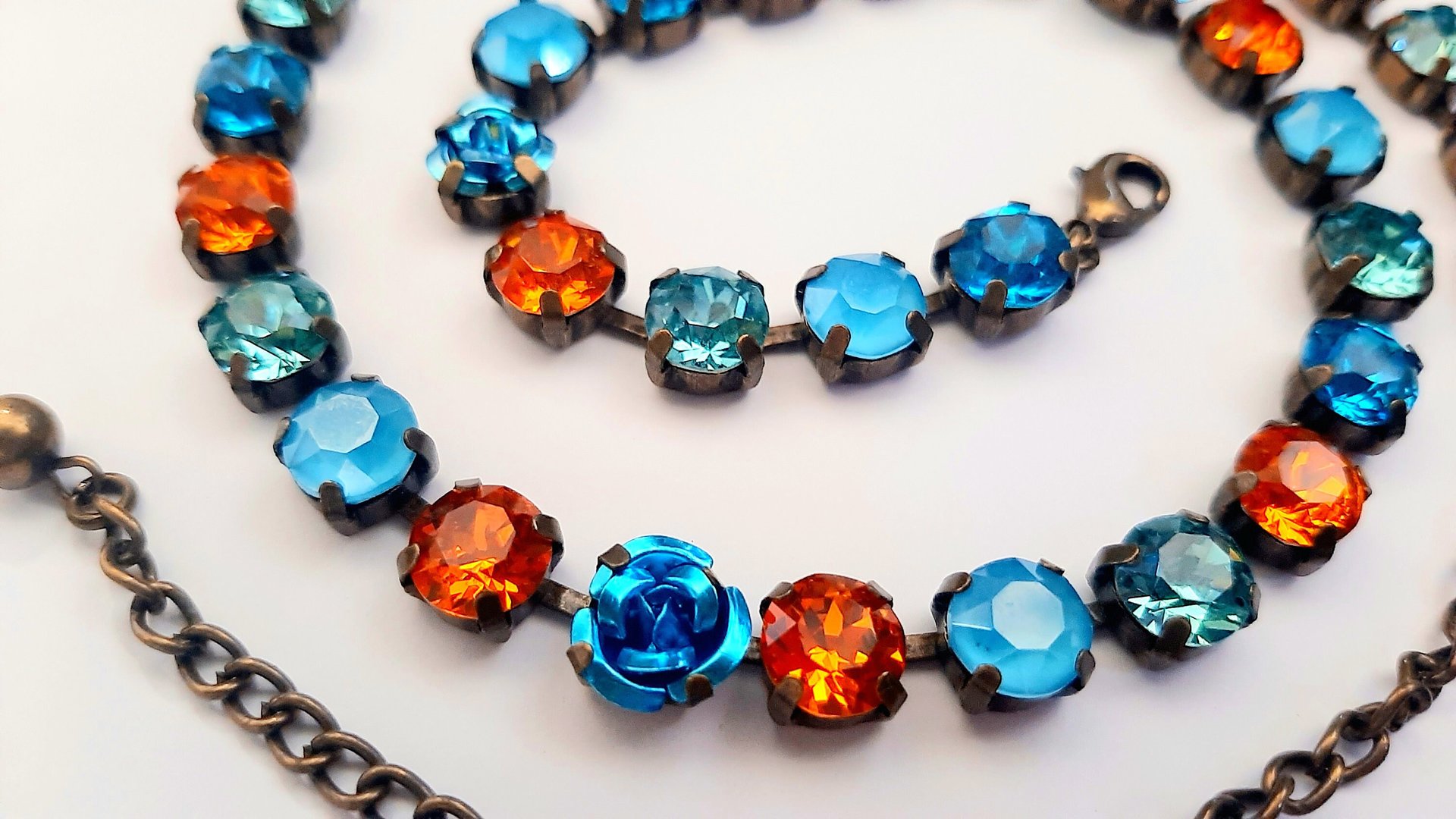 Aquamarine Tangerine Colorful Crystal Choker Necklace, Antique Bronze Jewelry for Sister, Graduation Party Gifts, Tennis Cup chain 8mm