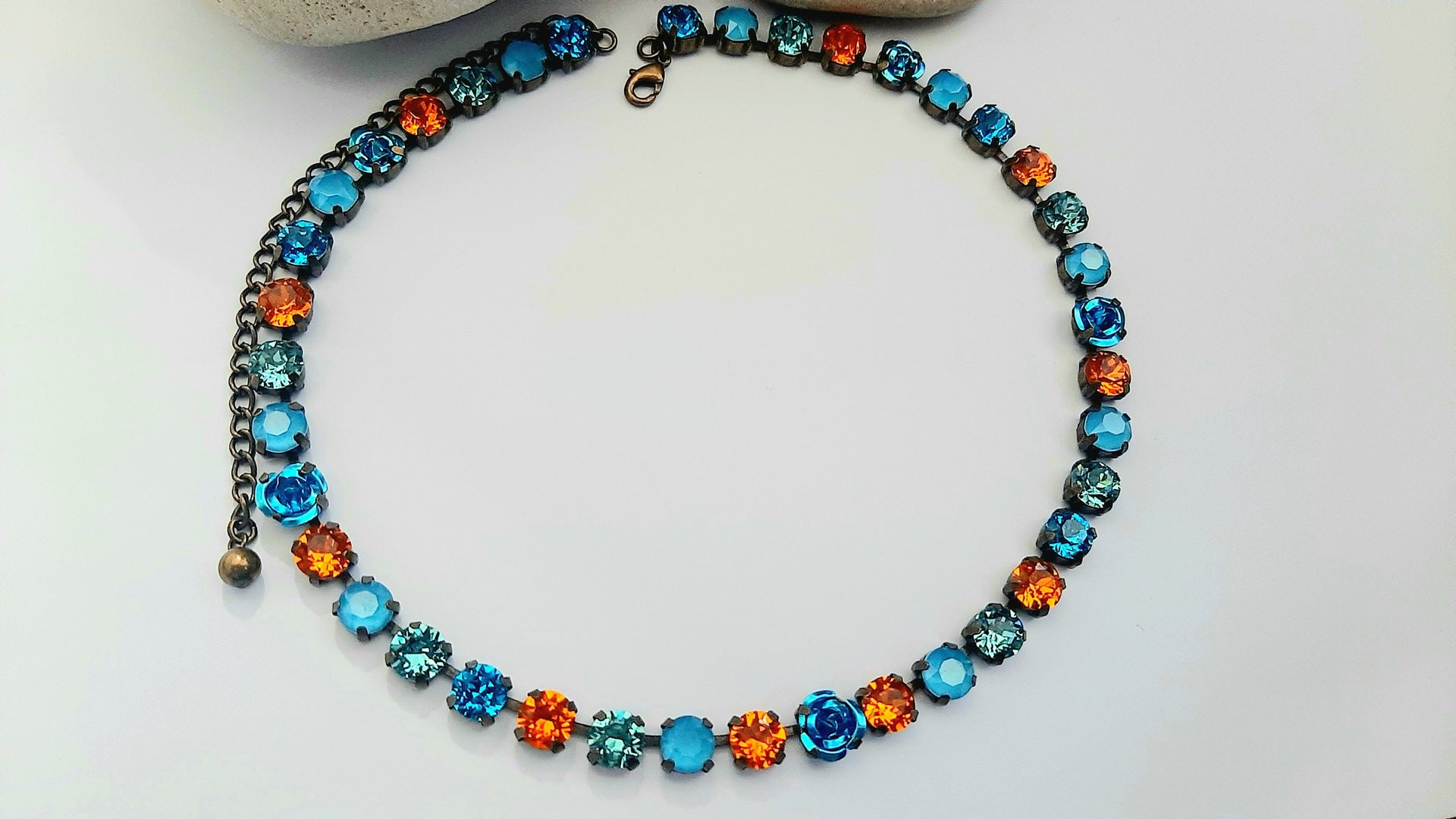 Aquamarine Tangerine Colorful Crystal Choker Necklace, Antique Bronze Jewelry for Sister, Graduation Party Gifts, Tennis Cup chain 8mm