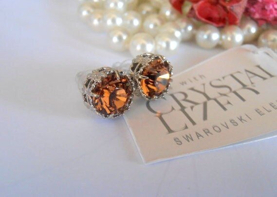 Light Smoked Topaz Crystal Studs / Art Deco Jewelry / Brown Rhinestones / Round Platinum setting / Gift for her