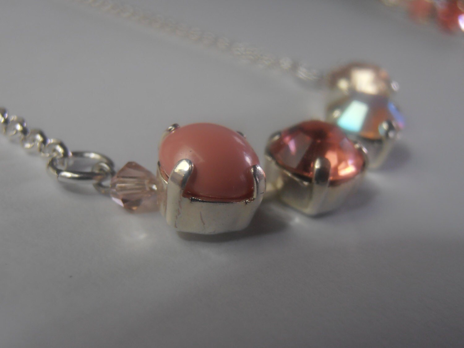 Pale Peach Multicolor Pearls Pendant, Silver Plated Chain Necklace, Birthday Gift,Tennis Cup chain
