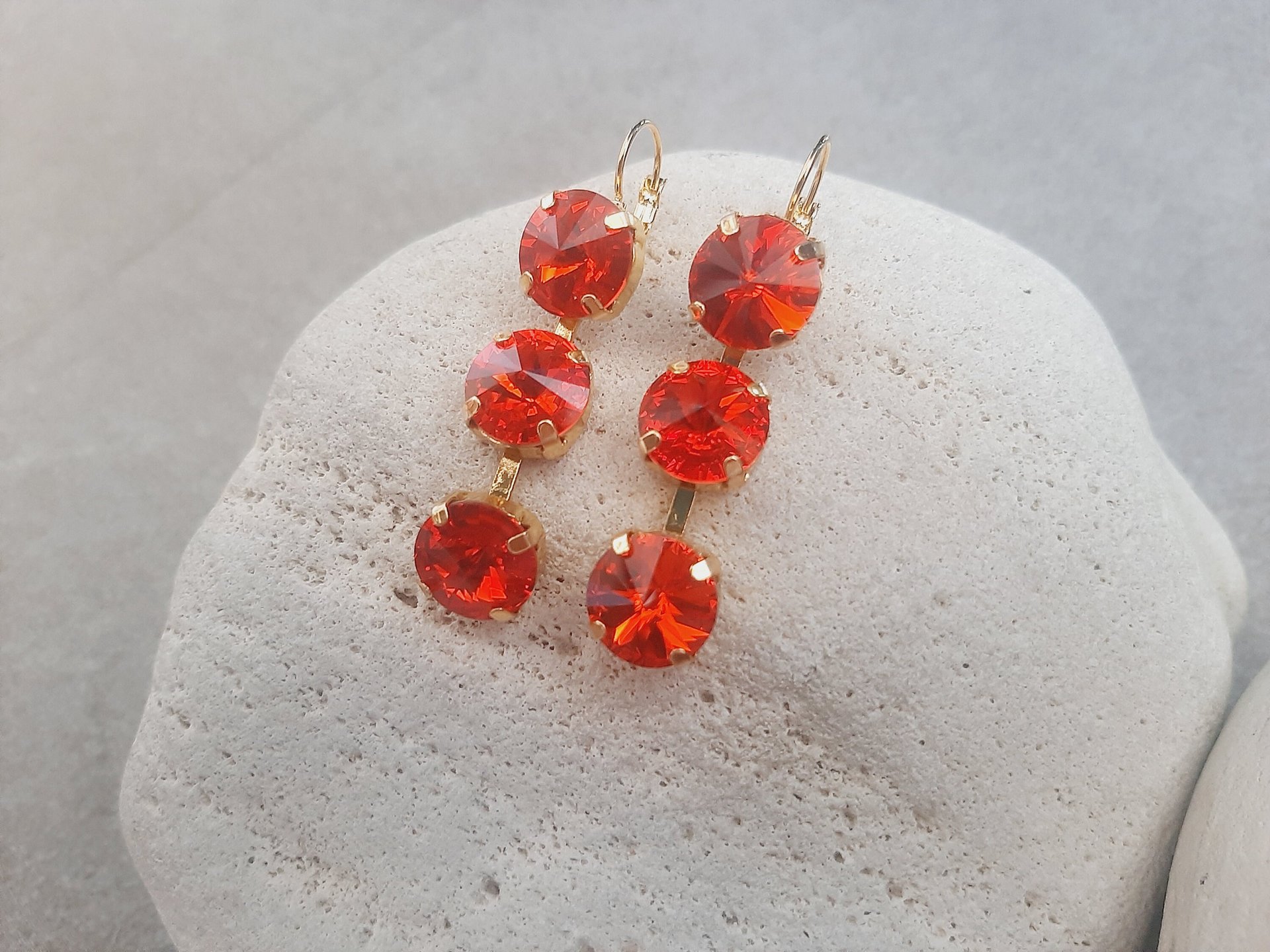 Hyacinth Orange Crystal Three Stone Dangle Earrings in Gold Rivoli Lever back Drop Earrings Statement Jewelry Anniversary Gift for Wife