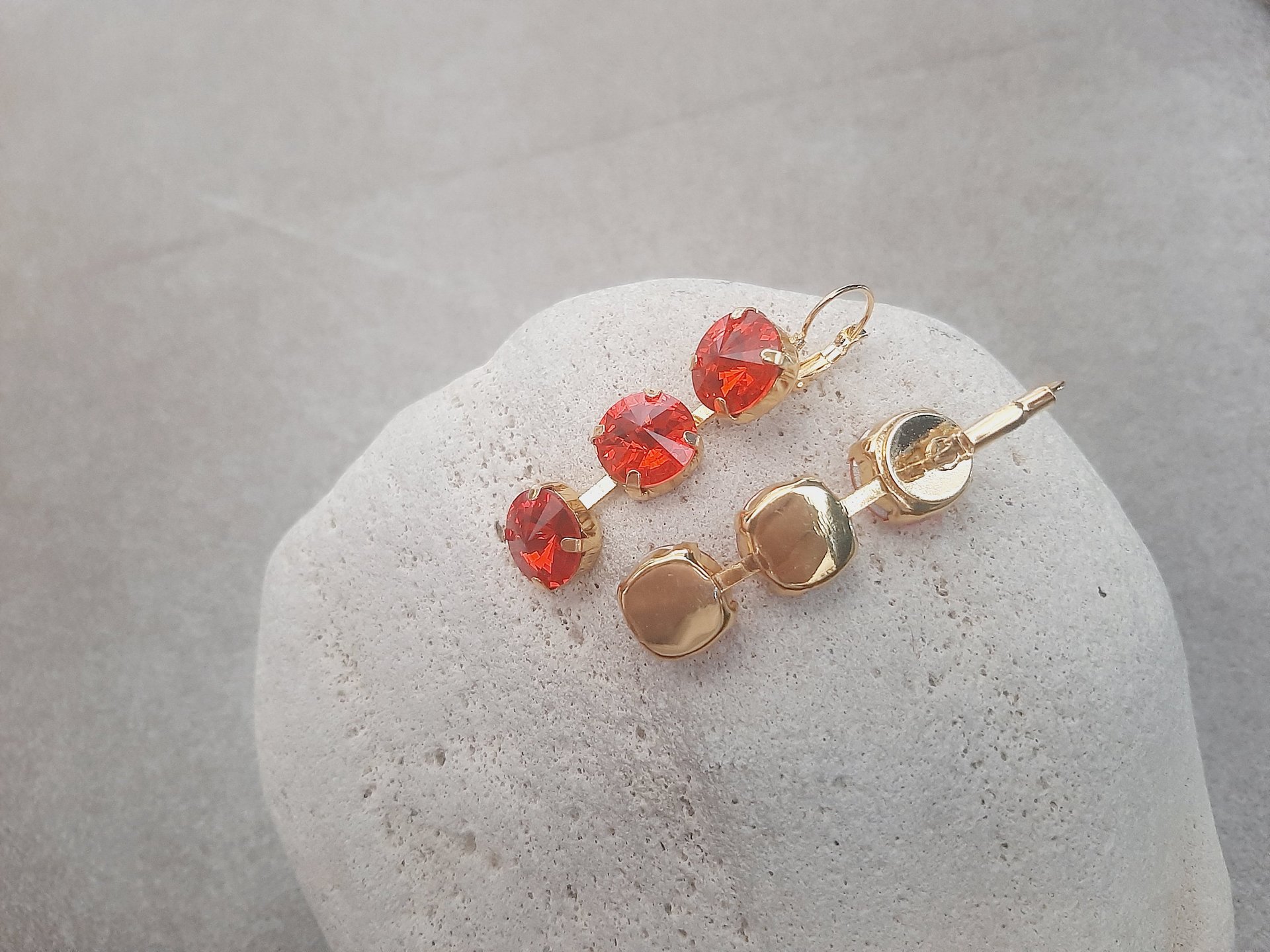Hyacinth Orange Crystal Three Stone Dangle Earrings in Gold Rivoli Lever back Drop Earrings Statement Jewelry Anniversary Gift for Wife