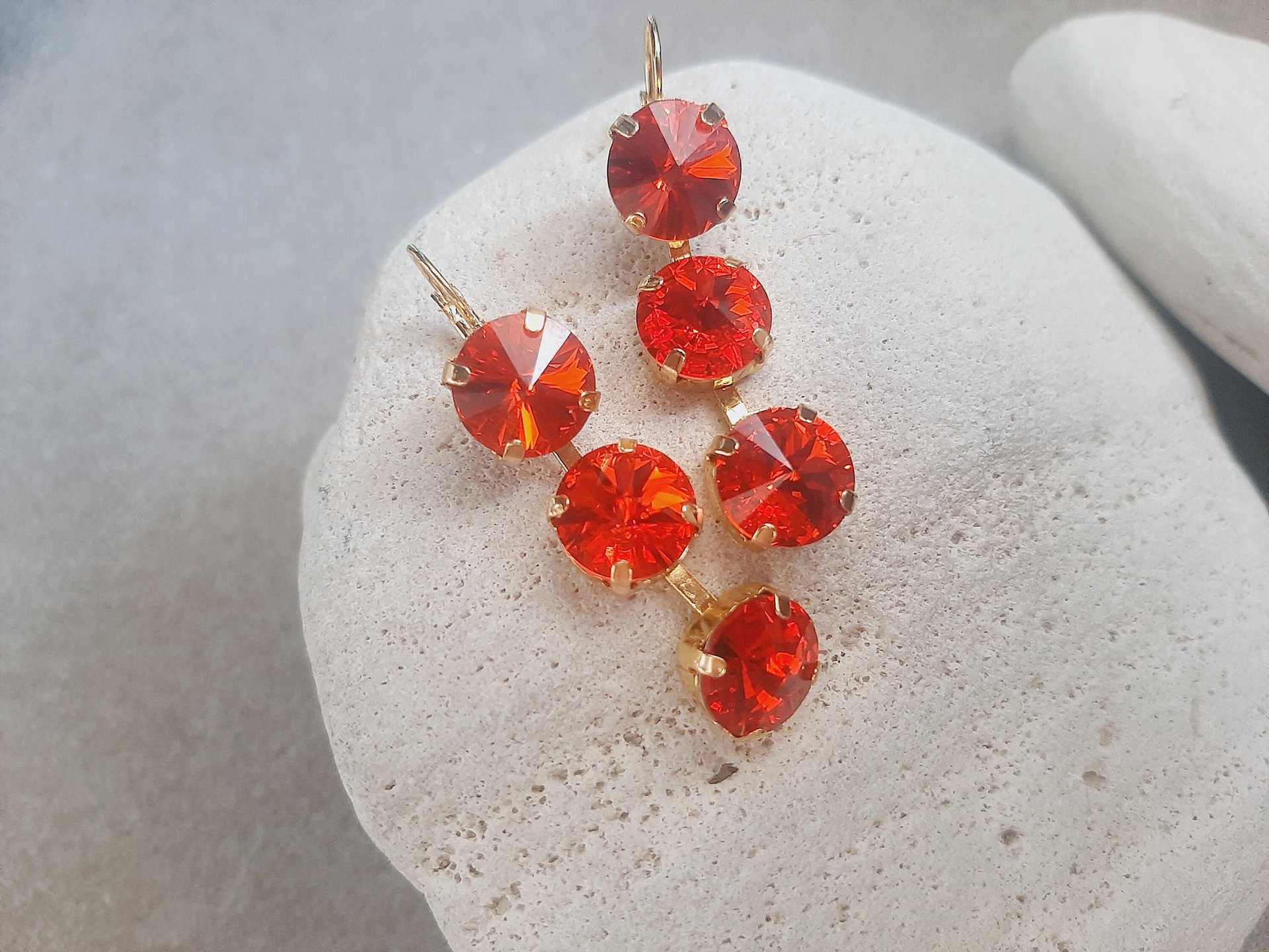 Hyacinth Orange Crystal Three Stone Dangle Earrings in Gold Rivoli Lever back Drop Earrings Statement Jewelry Anniversary Gift for Wife