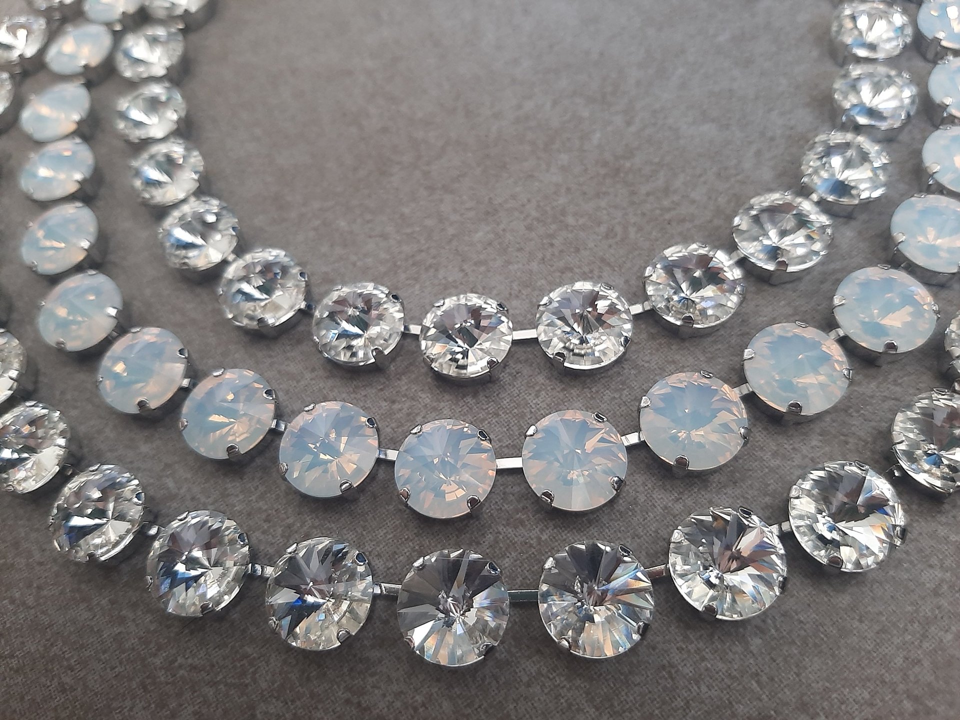 Clear and White Opal Crystal Three Strand Necklace in Platinum Anna Wintour Collet Rivoli Choker 12mm Statement Jewelry Women Birthday Gift