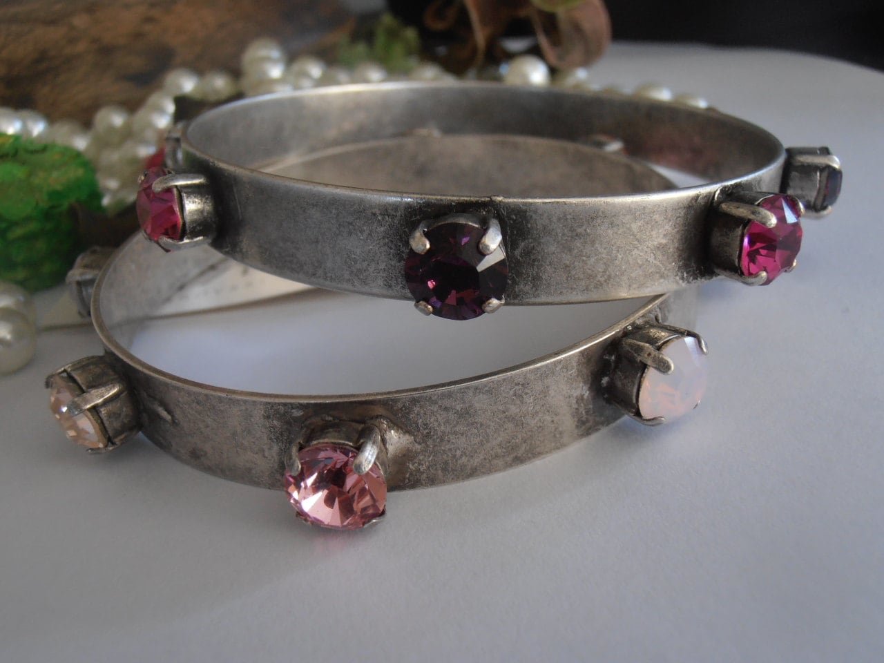 Layered Metal Cuff / Pink Crystal Bracelets / Bohemian Bracelet / Metal Bangle / Gipsy Bracelet / Antique silver Plating / Ethnic bracelet