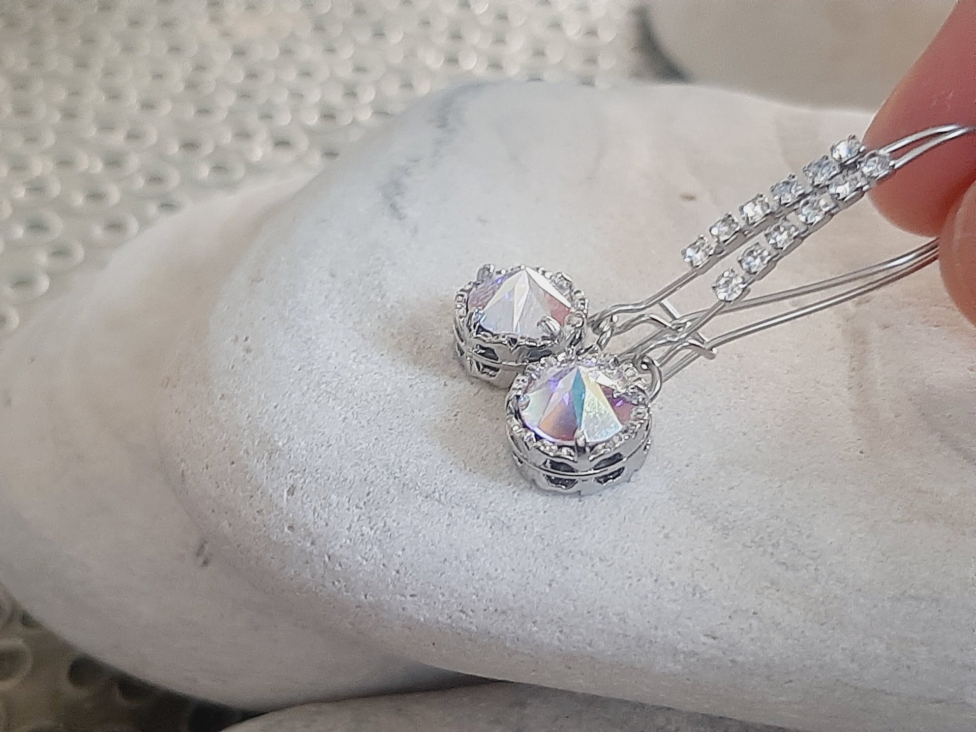  Aurora Borealis Teardrop Threader Earrings | Platinum Jewelry Gift for Mom