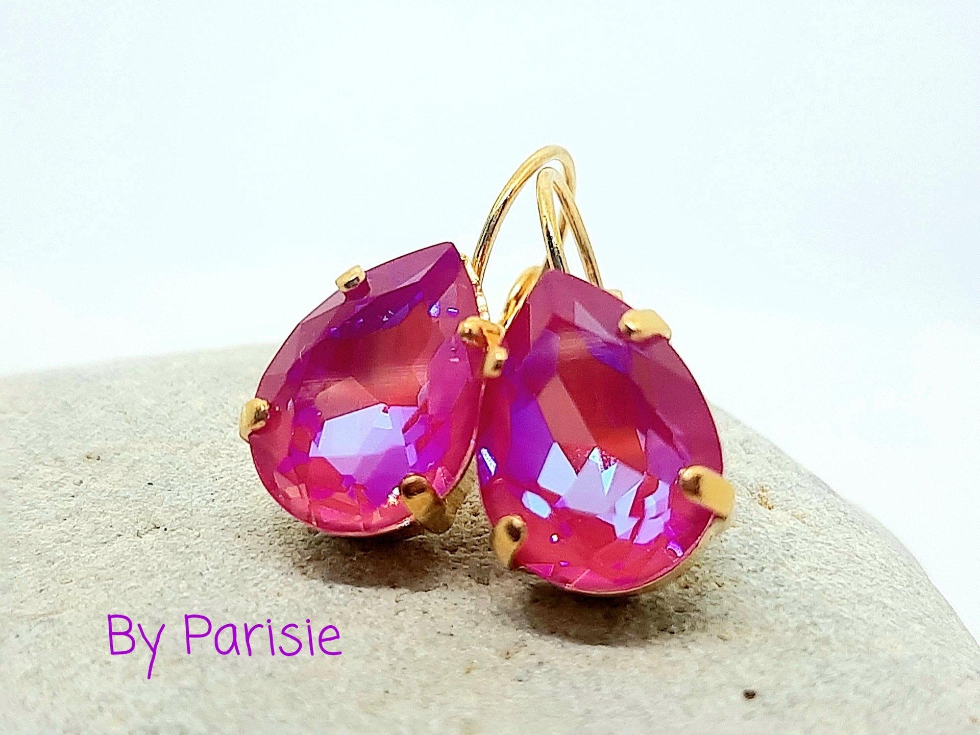 Fuchsia Pink Teardrop Crystal Earrings in Gold