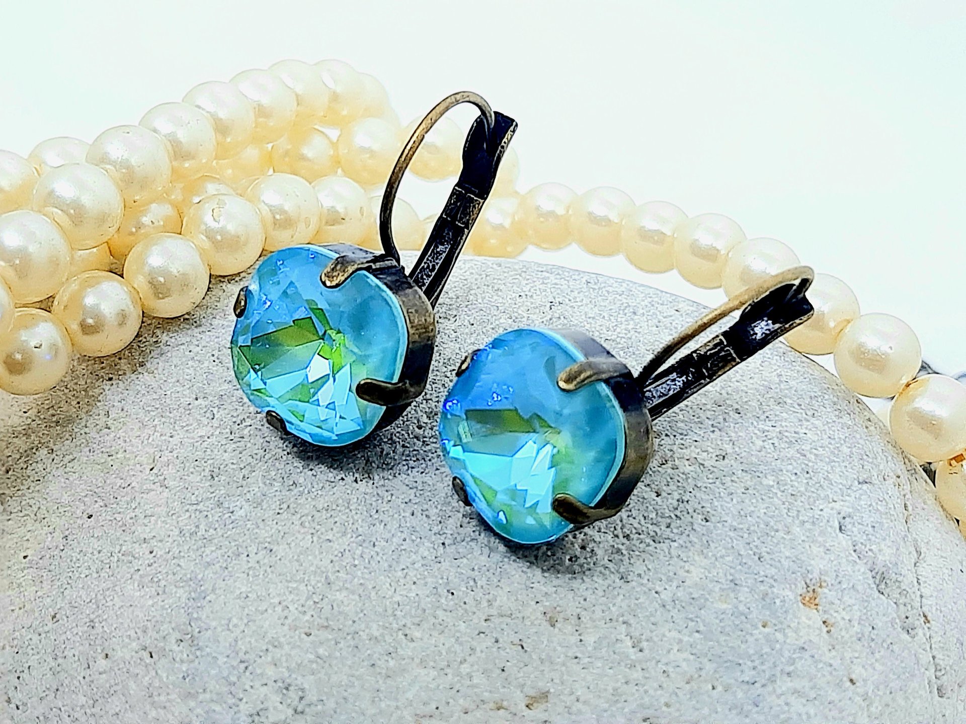 Mint Blue Square Dangle Earrings in Antique Bronze