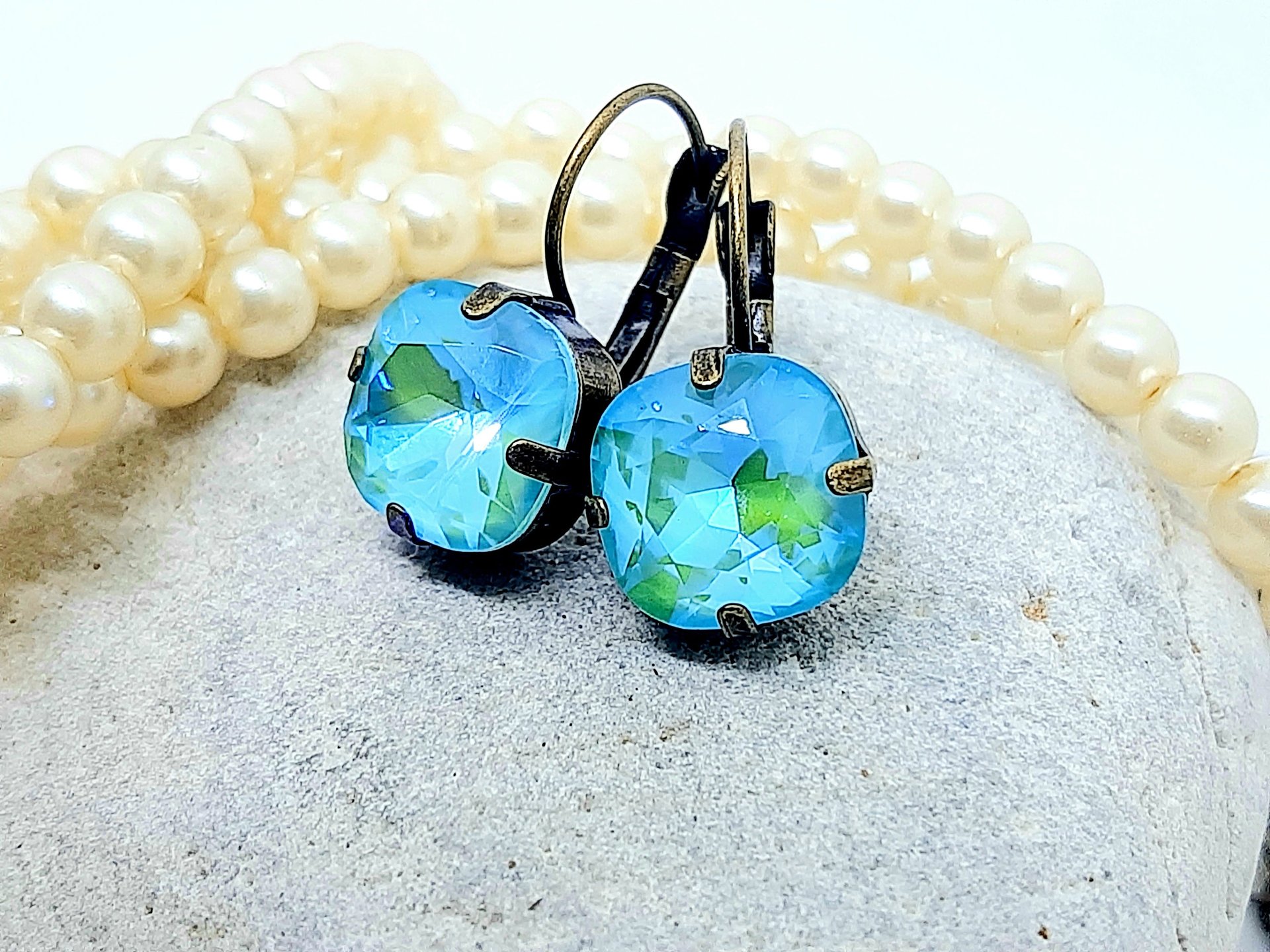 Mint Blue Square Dangle Earrings in Antique Bronze