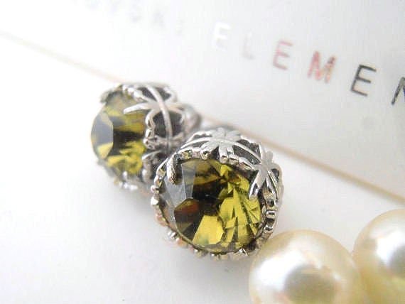 Khaki Green Crystal Earrings | Filigree Platinum Studs Birthday Gift 