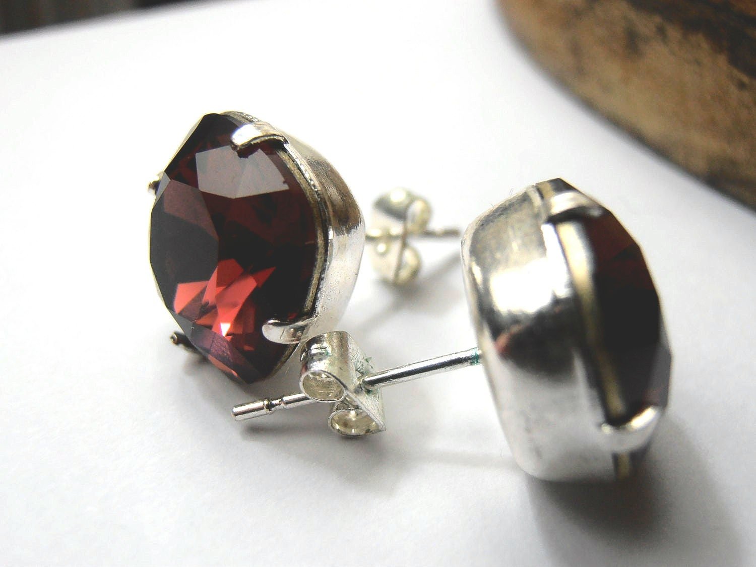 Red Burgundy Cushion Cut Stud Earrings in Silver