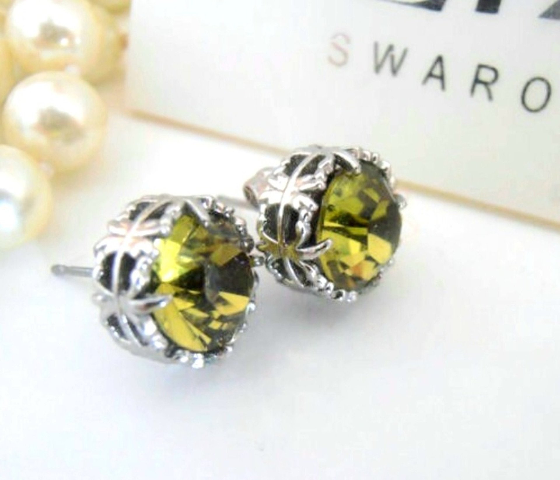 Khaki Green Crystal Earrings | Filigree Platinum Studs Birthday Gift 
